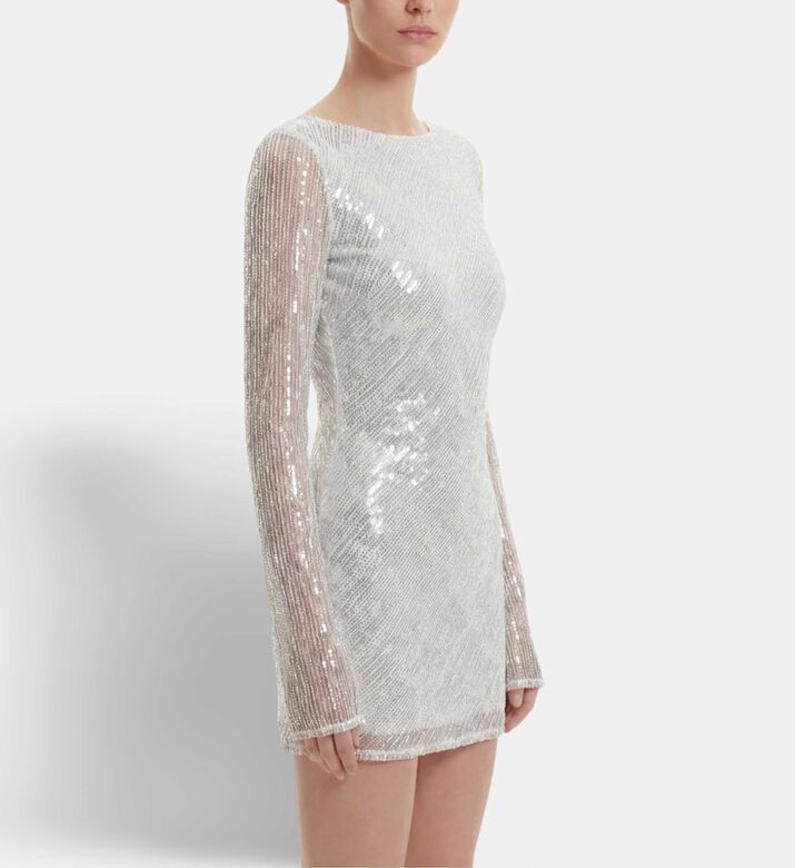 JW PEI Diagonal Sequin Open-back Long-sleeve Mini Dress, Model View