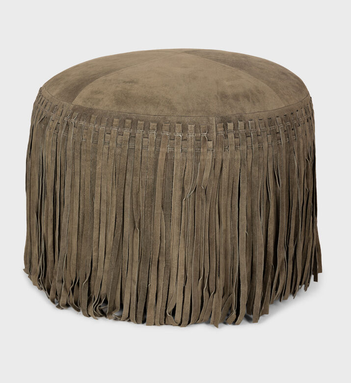 Home Deco and More Willow Suede Leather Round Pouf, Green, Packshot View