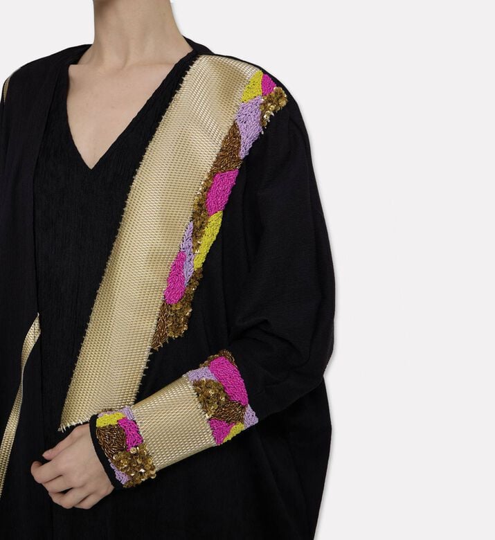 Dalia Al Azem Diagonal Gold-taping Geometric Beading Abaya, Model View