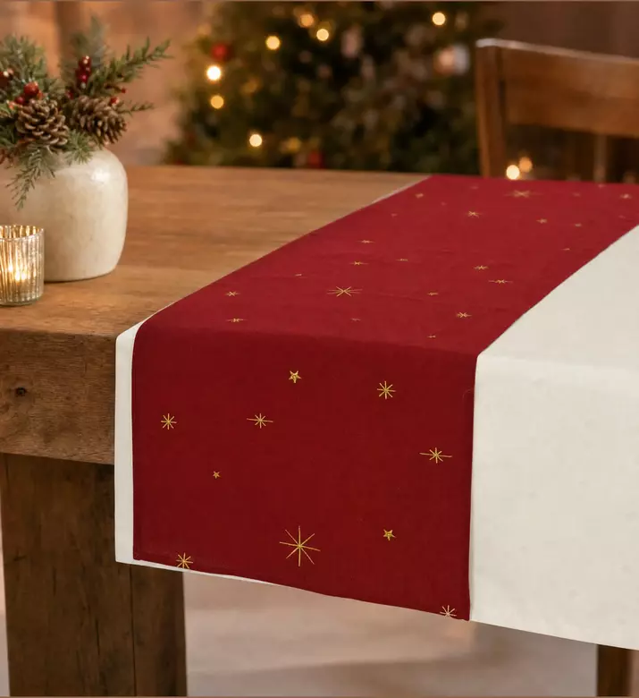 Kaemingk Rectangular Tablecloth With Gold Embroidered Stars, Red, 40x140-cm, Model View