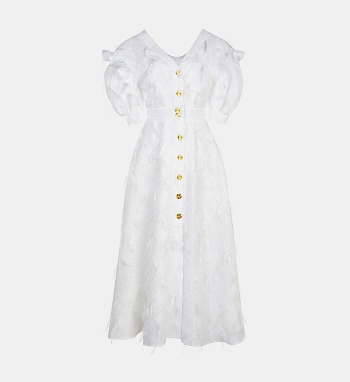 Puffed Sleeve Embossed Midi Dress Puffed Sleeve Embossed Midi Dress