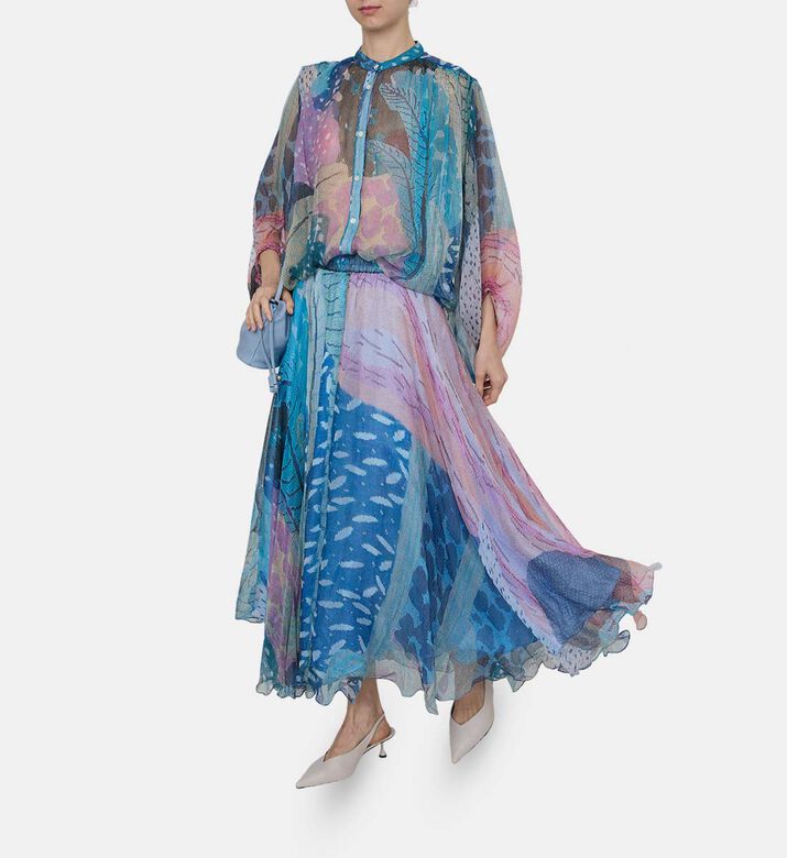 Multicolor Abstract-print Pleated Maxi Skirt