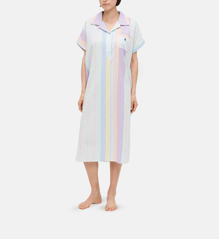 Embroidered Logo-detail Striped Short-sleeve Night Gown