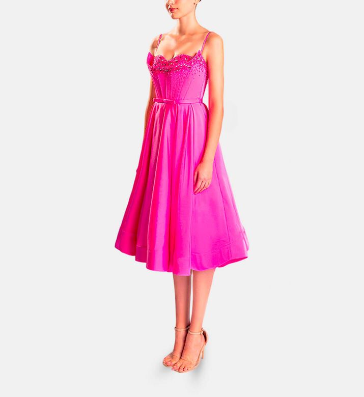 Michael Cinco Hand Beaded-embroidery Corset Midi Dress, Pink, S, Model View