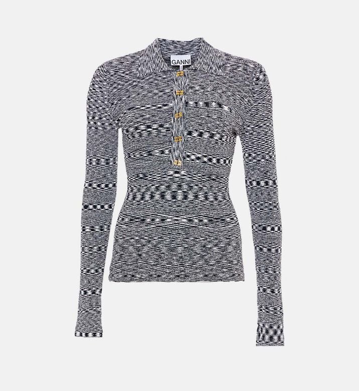 Ganni Knit Stripe-print Long-sleeve Polo Shirt, Packshot View