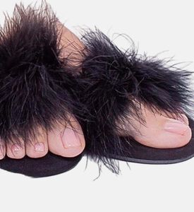 Feather-trim Open-toe Slippers