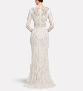 Michael Cinco Beaded Fringe Long Evening Gown, Model View