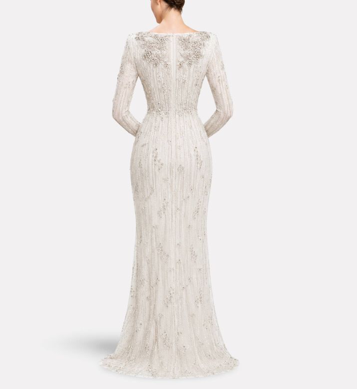 Michael Cinco Beaded Fringe Long Evening Gown, Model View