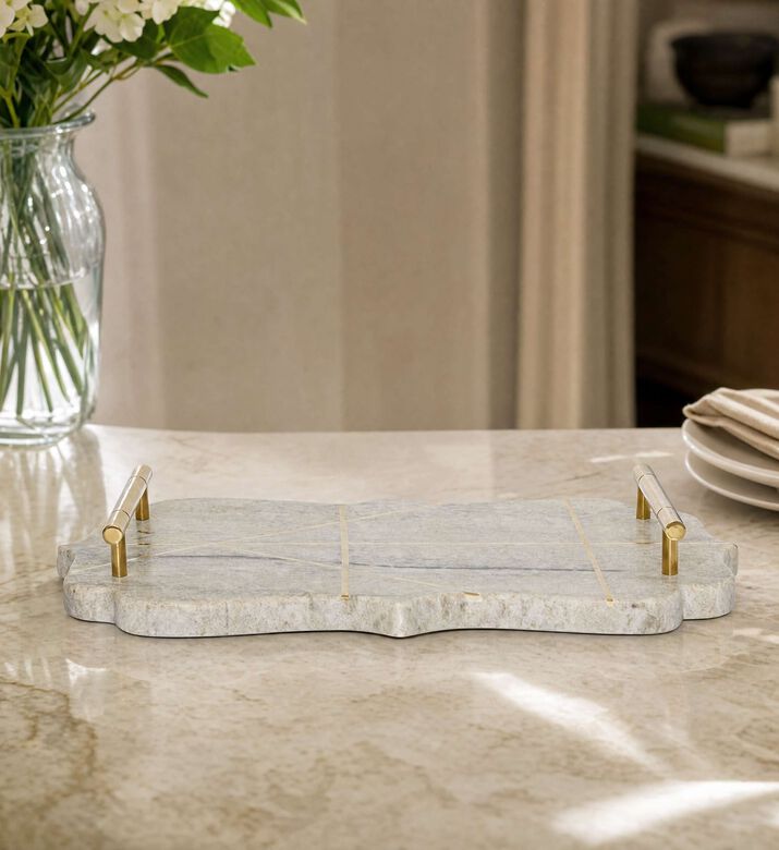 Tohfa Luxe Brass-inlaid Marble Serving Tray, Model View