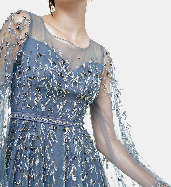 Tulle Sleeves Leaves-design Maxi Gown