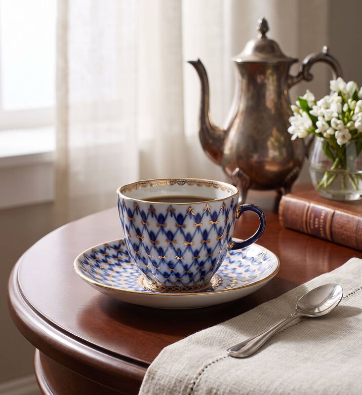 Imperial Cobalt Net Tulip Saucer Coffee Cup, Model View