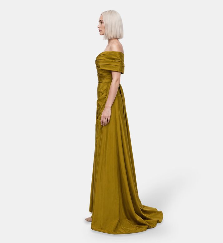 Suzy Matar Satin Off-shoulder Draped Gown, Model View