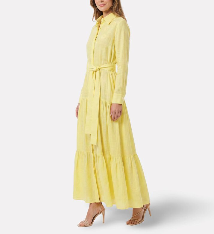 Savanna Galeries Lafayette Rose Embroidered Belted Maxi Dress, Yellow, Model View