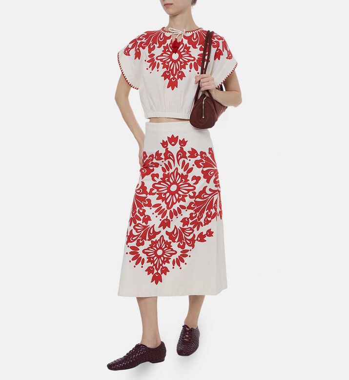 Floral-embroidery Elastic Waistband Skirt