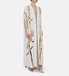 Dalia Al Azem Floral-embroidered Gold-foil Striped Open-front Abaya, Model View