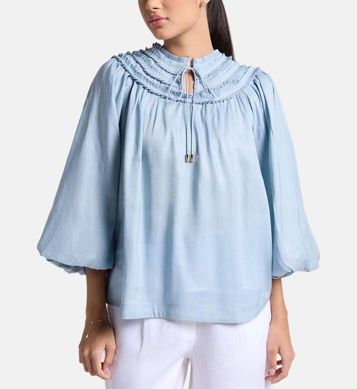 Carter and White Lizzie Pleated Ruffled Blouse, Blue, Xs, Model View