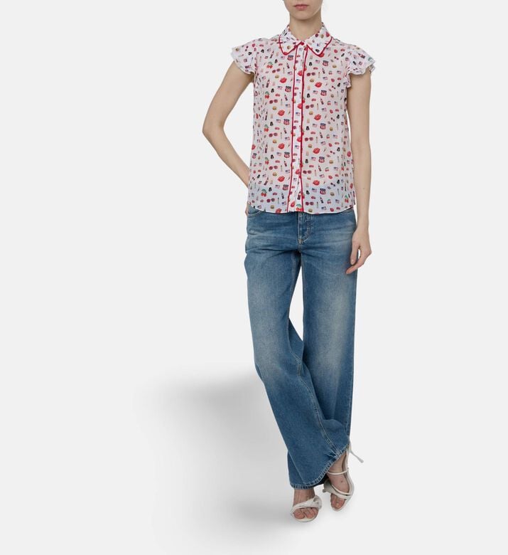 Alice and Olivia Silk Printed Flutter-sleeve Shirt, Model View