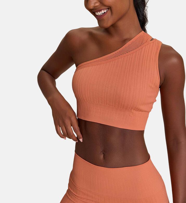 LIVE! Seamless Ribbed Knit Bra, Orange, Xs, Model View LIVE! Seamless Ribbed Knit Bra, Orange, Xs, Model View
