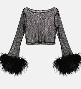 Feather-trim Long-sleeve Crystal-embellished Top