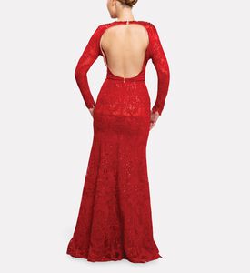 Michael Cinco Embellished Lace Long Evening Gown, Model View