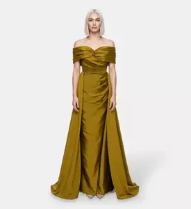 Suzy Matar Satin Off-shoulder Draped Gown, Model View