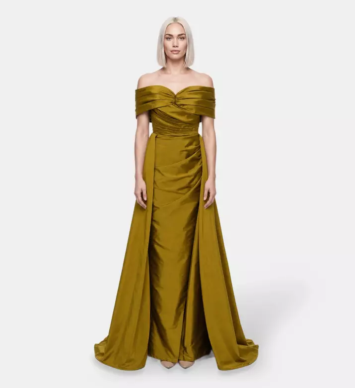 Suzy Matar Satin Off-shoulder Draped Gown, Model View