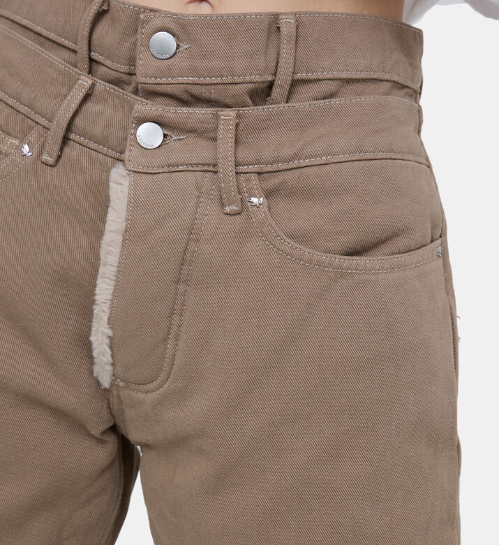 بنطال جينز فضفاض مزدوج الخصر بجيوب فرو