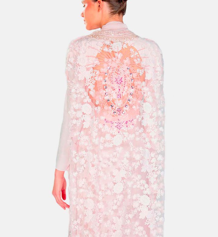 Michael Cinco Floral-embroidery Cape Flared Dress, Pink, Xl, Model View