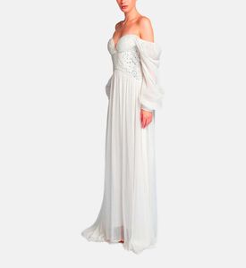 Michael Cinco Rhinestone-embellished Puff Sleeve Maxi Dress, White, M, Model View