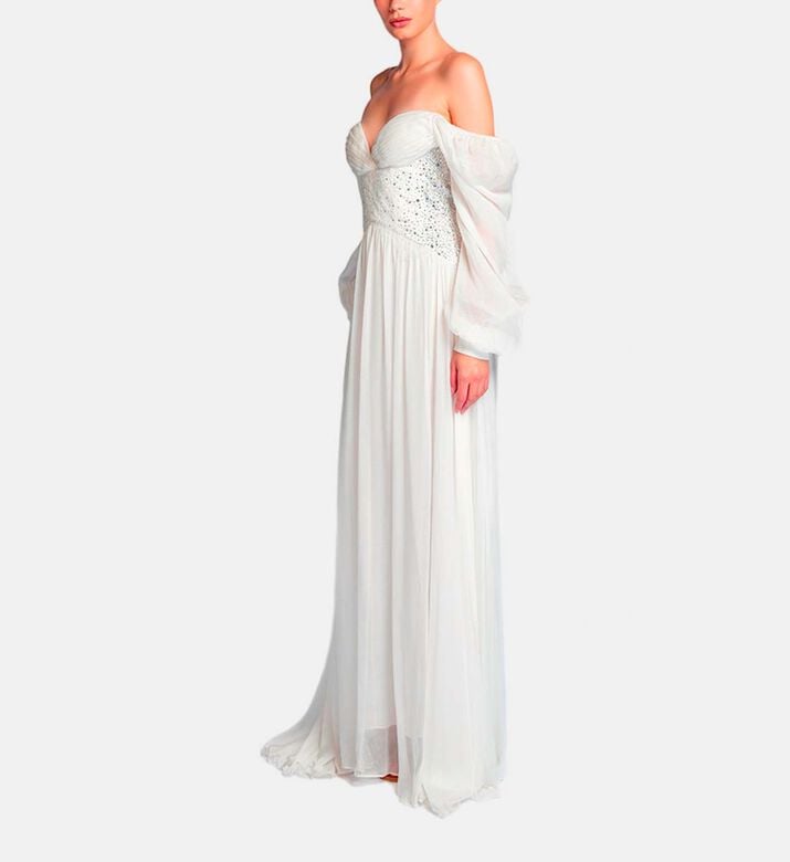 Michael Cinco Rhinestone-embellished Puff Sleeve Maxi Dress, White, M, Model View