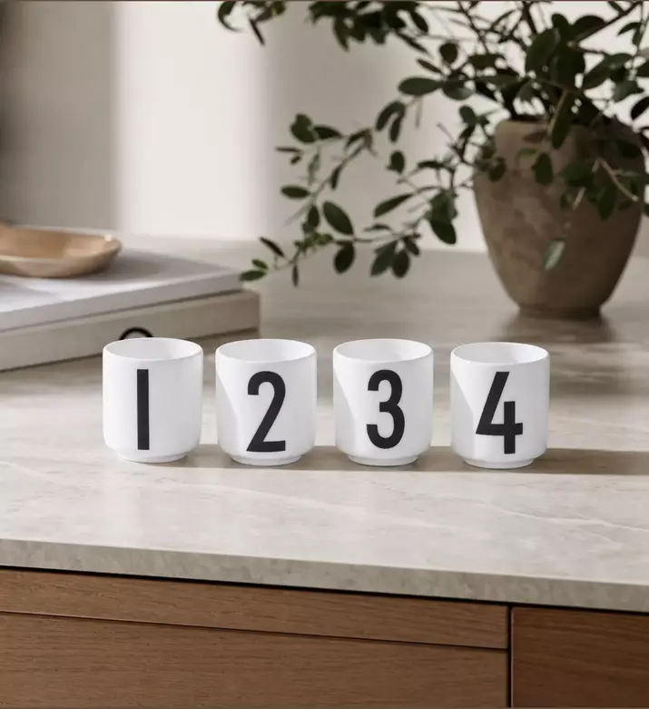 Design Letters Numbers Espresso Cups 4-piece Set, White, Model View