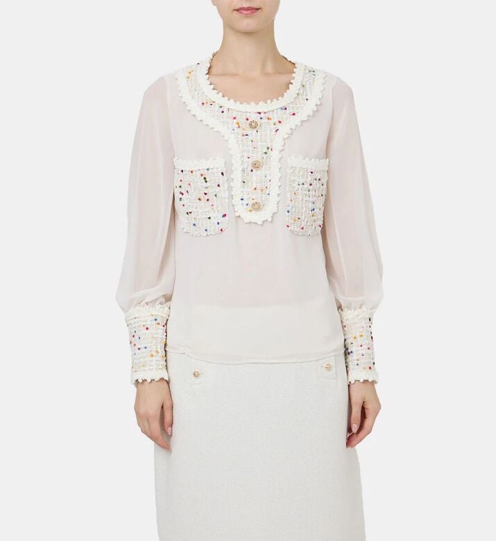 Edward Achour Paris Tweed-trimmed Long-sleeve Blouse, Model View