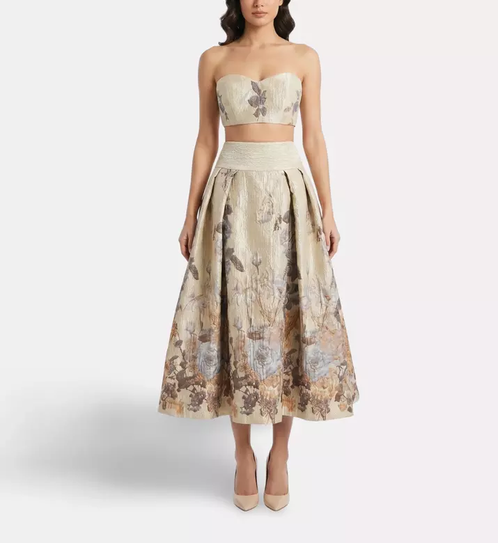 Savanna Brocade Floral Pleated Midi Skirt, Grey, L, Model View