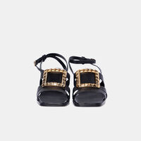 Metal Square Block-heel Leather Sandals