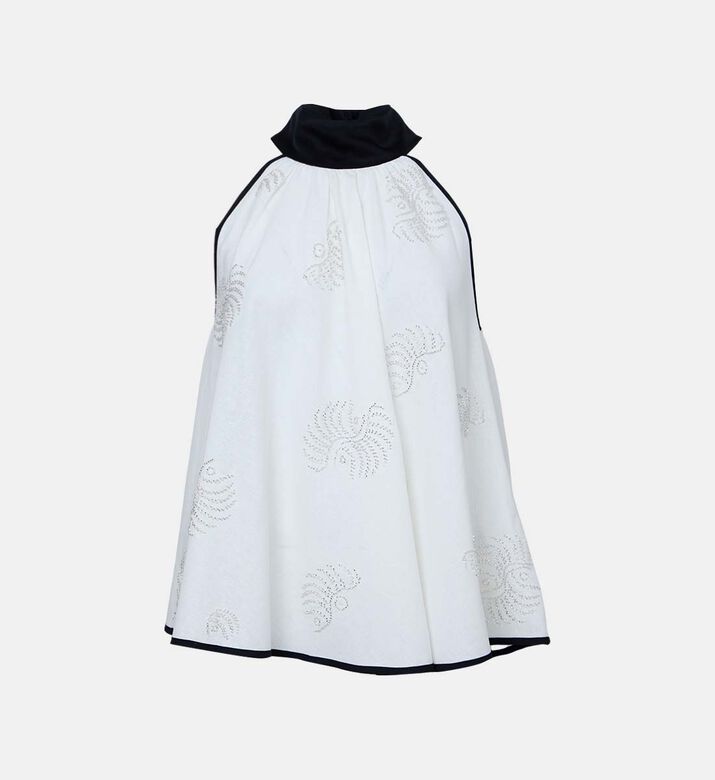 Linen Embroidered Satin Details Top