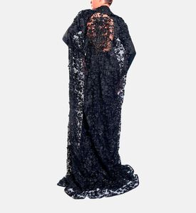 Michael Cinco Floral-embroidery Cape Flared Dress, Black, Xl, Model View