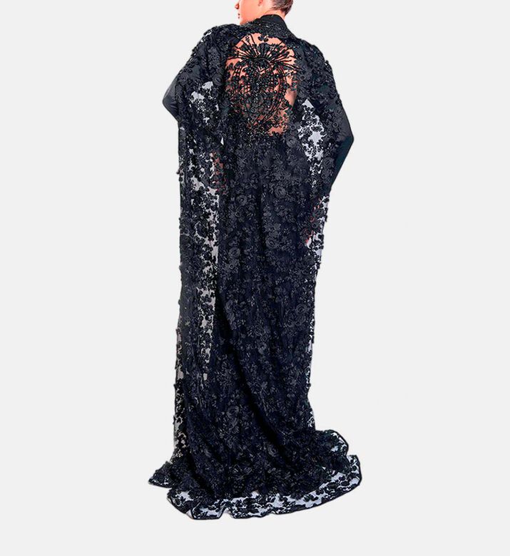 Michael Cinco Floral-embroidery Cape Flared Dress, Black, Xl, Model View