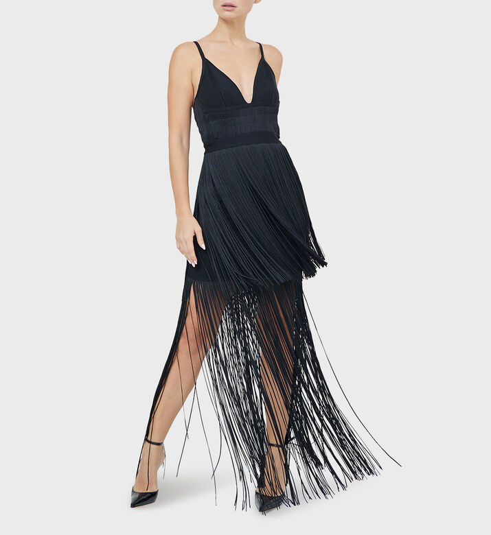 Bustier Inspired Plunging Fringe Gown