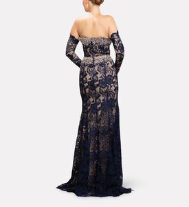Michael Cinco Off-shoulder Lace Long Dress, Model View