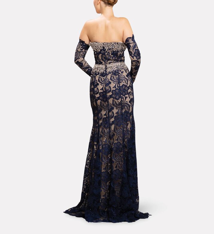 Michael Cinco Off-shoulder Lace Long Dress, Model View