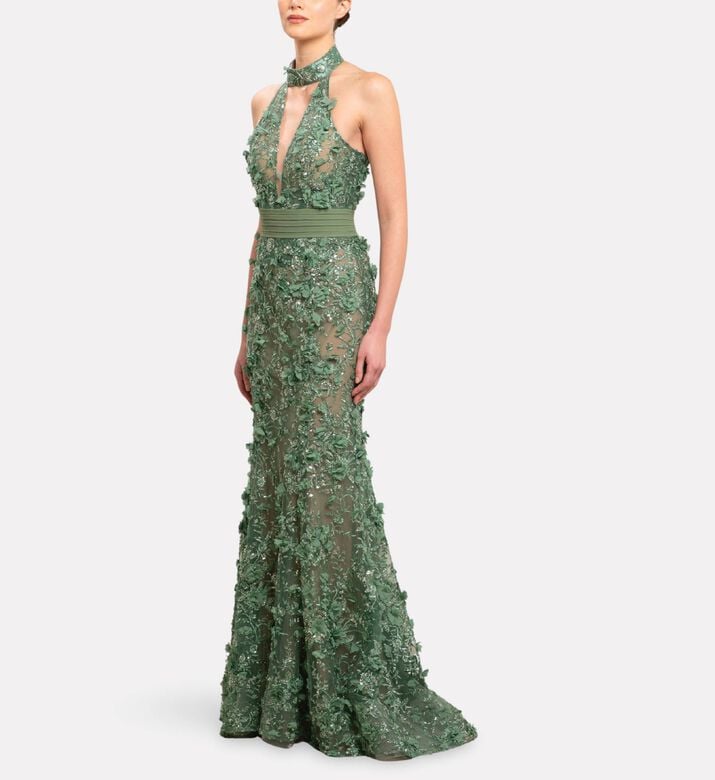 Michael Cinco Embellished Deep Neckline Long Dress, Model View
