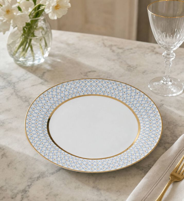 Imperial Gold Border White Lattice Circular Plate, Model View