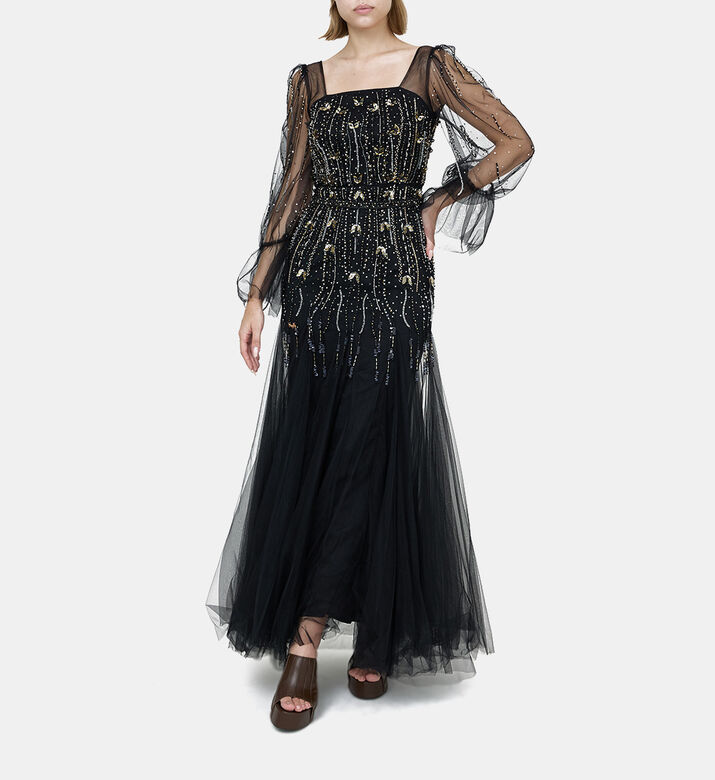 Rhinestone Embellished Flared Tulle Dress