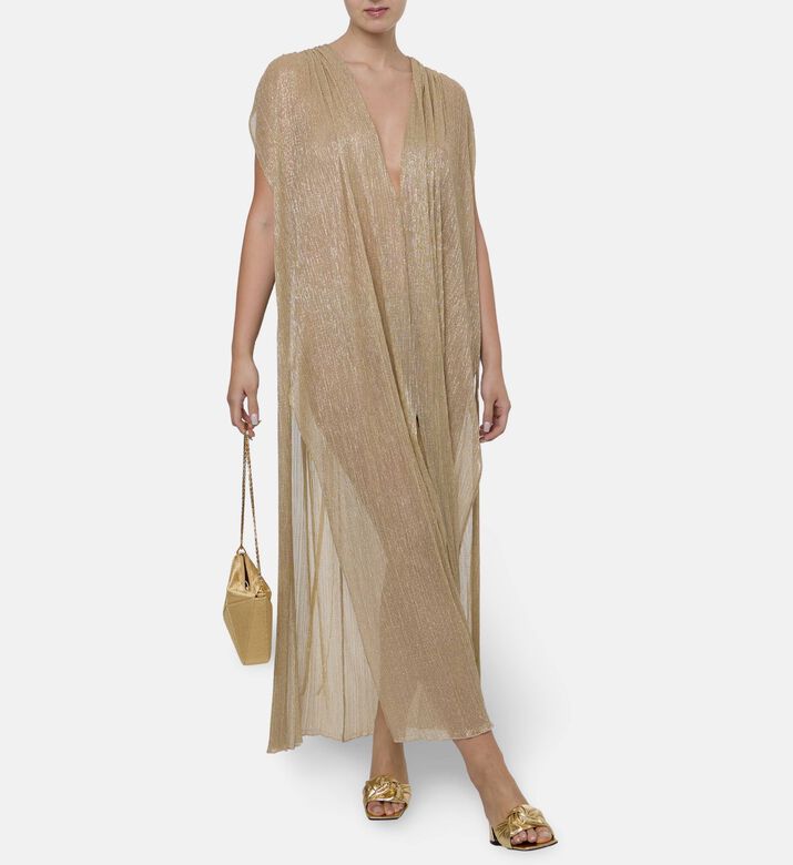 Blue For Burgundy Metallic Gold Pleated Column-cut Maxi Dress, Model View