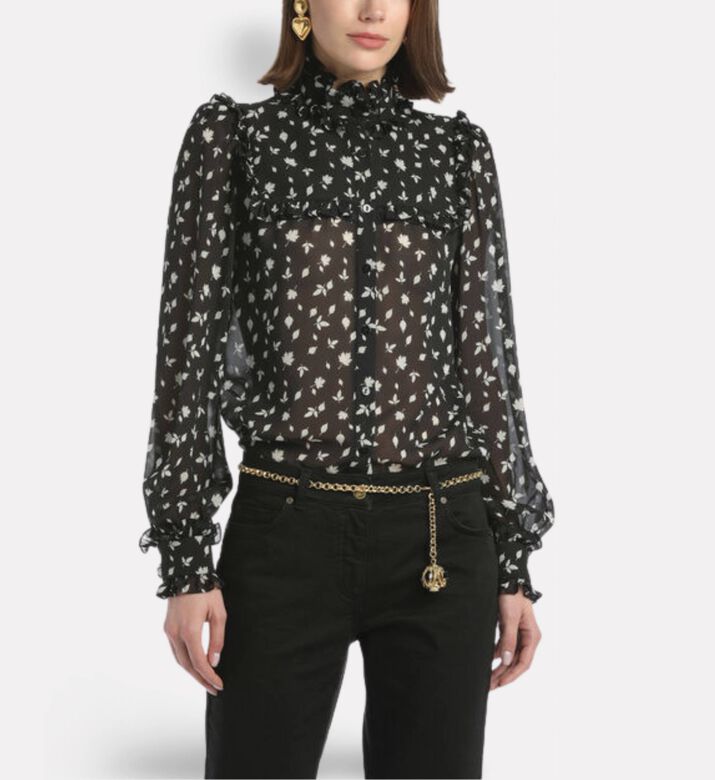 Luisa Spagnoli Lifar Sheer Leaf-print Button-down Front Blouse, Model View