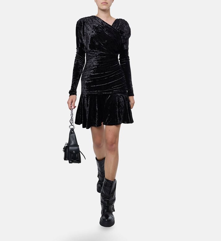 Ganni Velvet V-neck Long-sleeve Mini Dress, Model View