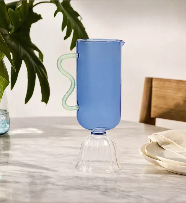 &k Amsterdam Tulip-shaped Side Handle Carafe, Blue, Model View
