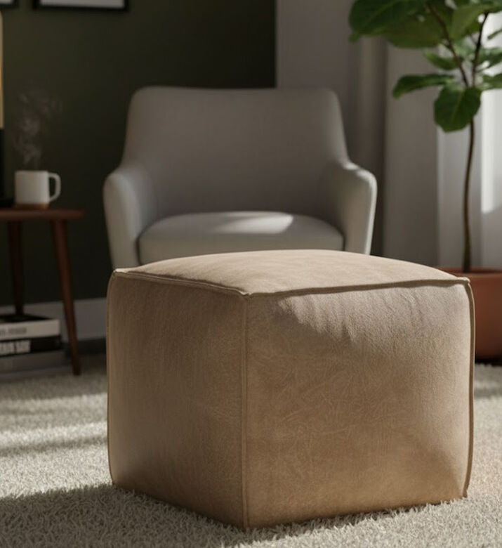 Home Deco and More Cuby Suede Leather Square Pouf, Olive, Packshot View