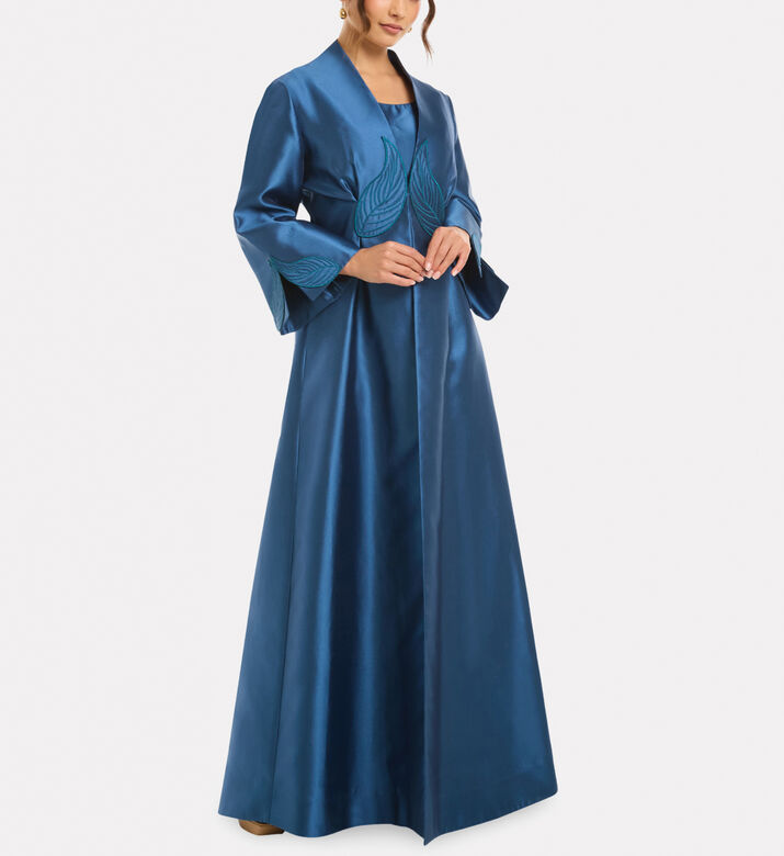 Savanna Alia Leaf Applique Kimono Abaya, Blue, L-xl, Model View