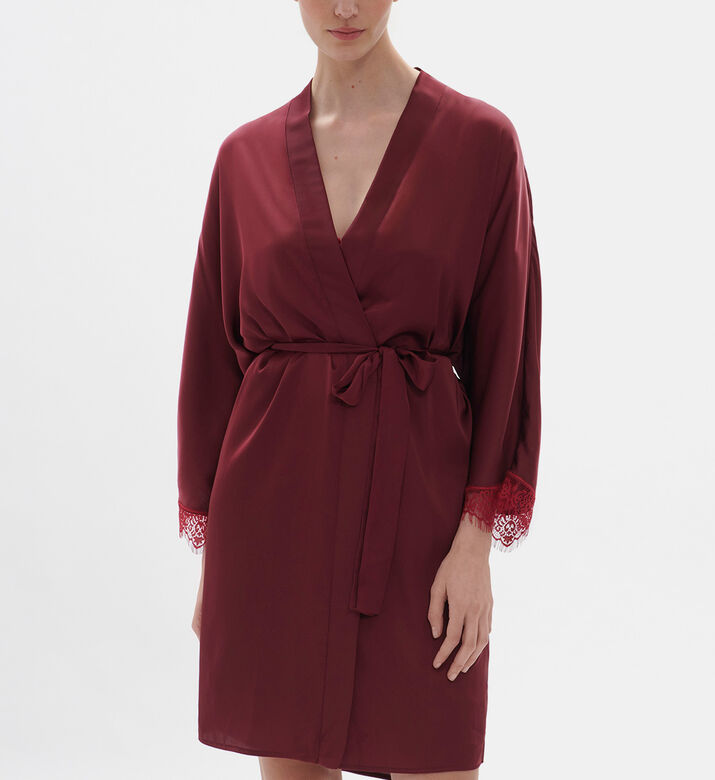 Satin Lace-trim Belted Kimono